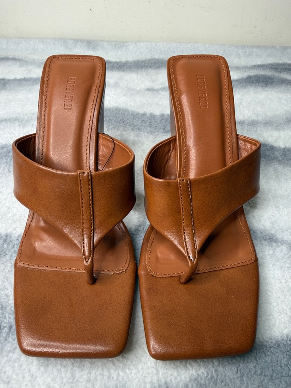 Forever 21 Tan Square-Toe Thong Mules